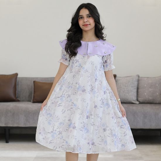 صورة فستان بناتي مشجر بنفسجي بياقة مرصعة بالإكسسوار اللامع - M3811